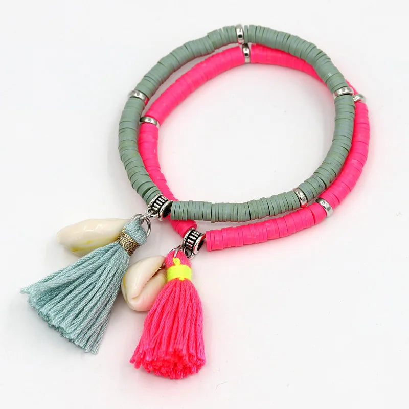 Handgemachte Schmuck Boho Armbänder für Frauen Mode Bunte Polymer Clay Perlen Shell Quaste Armband Geschenke für Weibliche Mädchen Festival Outfits | Techno Shirts | Rave Clothing