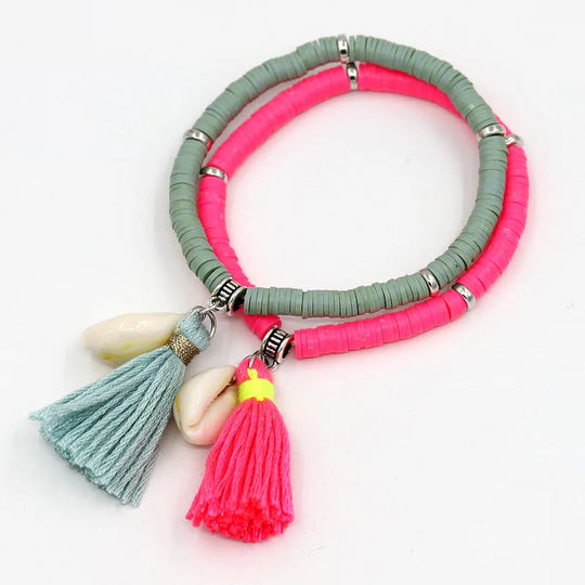 Handgemachte Schmuck Boho Armbänder für Frauen Mode Bunte Polymer Clay Perlen Shell Quaste Armband Geschenke für Weibliche Mädchen Festival Outfits | Techno Shirts | Rave Clothing