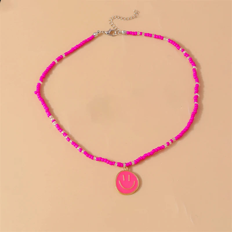 Mode Bunte Lächeln Gesicht Anhänger Halskette für Frauen Handgemachte Perlen Halskette Mädchen Party Festival Schmuck Geschenke Festival Outfits | Techno Shirts | Rave Clothing