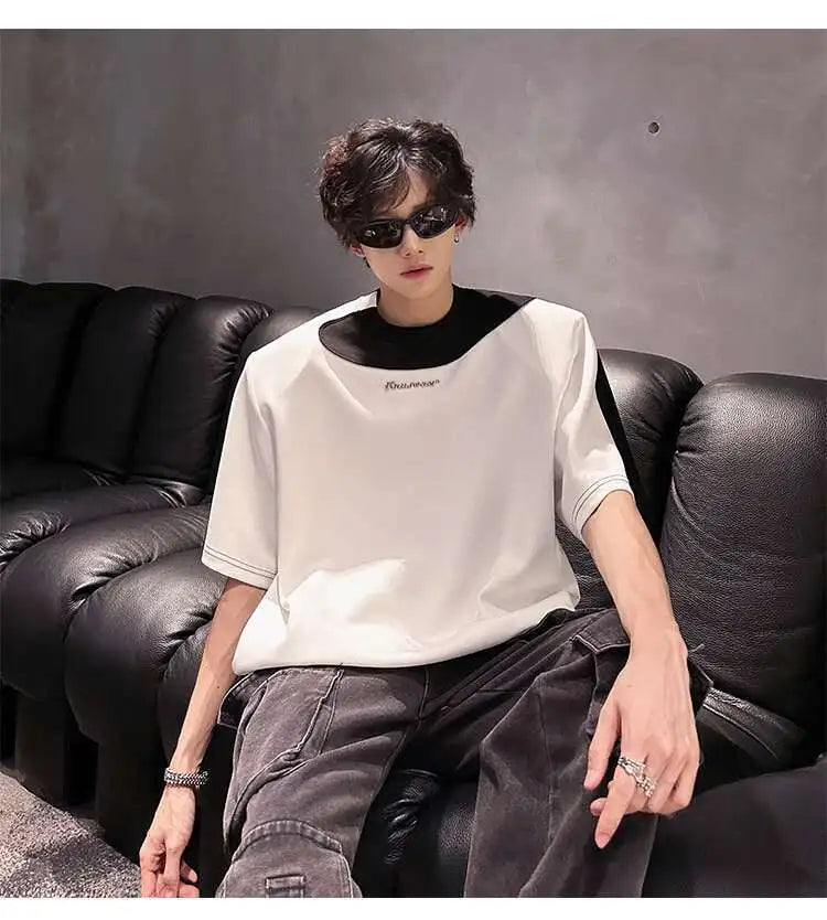 LUZHEN Original Personalisierte Farbe Kontrast Design Kurzarm T-shirts 2025, Sommer Hübsche Schulter Pad Casual Tops JY1473 Festival Outfits | Techno Shirts | Rave Clothing