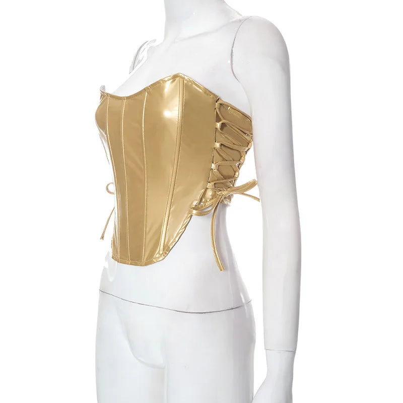 Sexy Frauen Shiny Gold Silber Bustier Crop Tops Helle PU Leder Krone Gürtel Abnehmen Taille Liebsten Low-cut Korsett top Sommer Festival Outfits | Techno Shirts | Rave Clothing