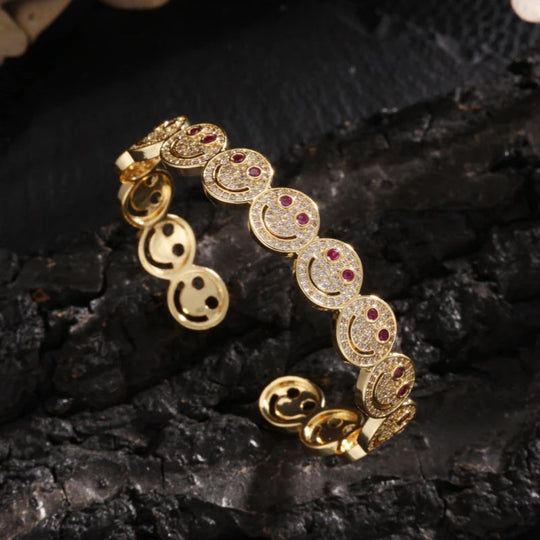 RAKOL Stilvolle Runde Lächeln Smiley Manschette Armreif Kupfer Vergoldet Zirkonia Charme Party Schmuck Für Frauen Männer Geschenke Festival Outfits | Techno Shirts | Rave Clothing