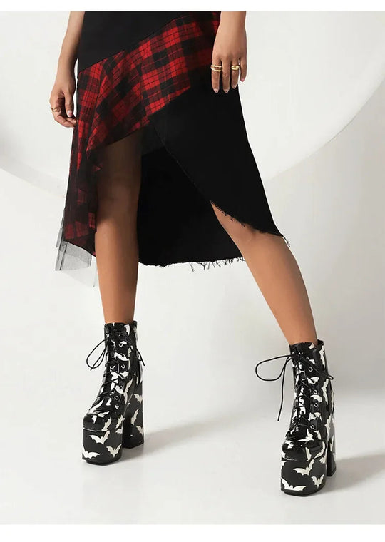 Frauen Regenbogen Stiefel bunte Farbverlauf Schnür plattform Gothic Halloween Fledermaus Schuhe High Heels Winter warme Knöchel Motorrad Stiefel Festival Outfits | Techno Shirts | Rave Clothing