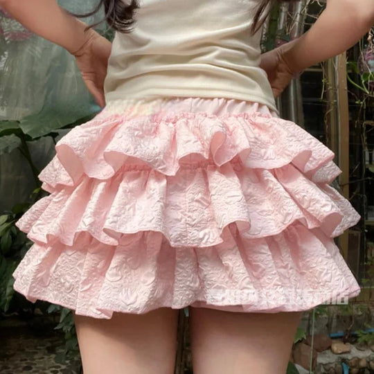 Kawaii Lolita Rock Shorts Frauen Sommer Rüschen Patchwork Layered Hohe Taille Nette Balletcore Mini Rock Tutu Petticoat Festival Outfits | Techno Shirts | Rave Clothing