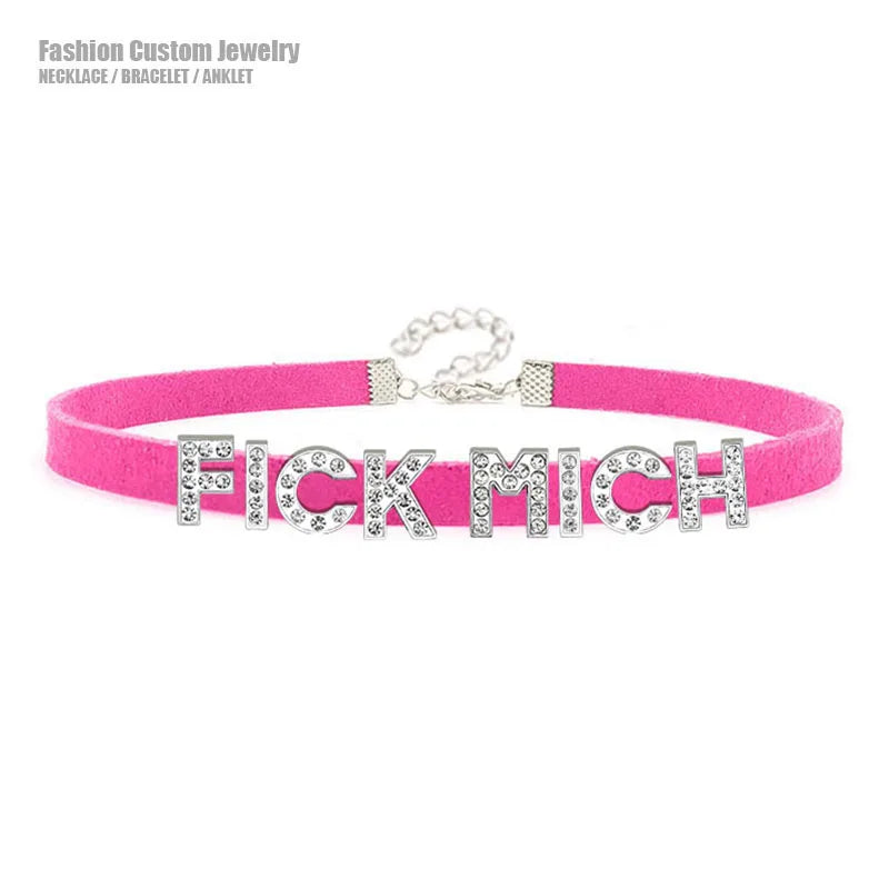 Sexy Rhinestone Letters FICK MICH Collar Choker Necklace Men Women Goth Harajuku DDLG Customized Chocker Cosplay Jewelry Gift Festival Outfits | Techno Shirts | Rave Clothing