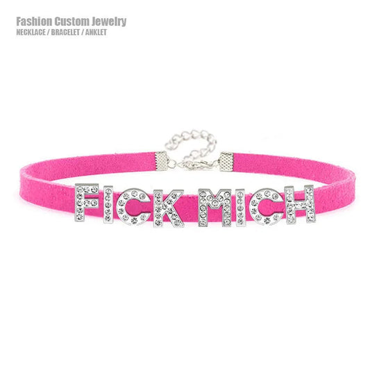 Sexy Rhinestone Letters FICK MICH Collar Choker Necklace Men Women Goth Harajuku DDLG Customized Chocker Cosplay Jewelry Gift Festival Outfits | Techno Shirts | Rave Clothing