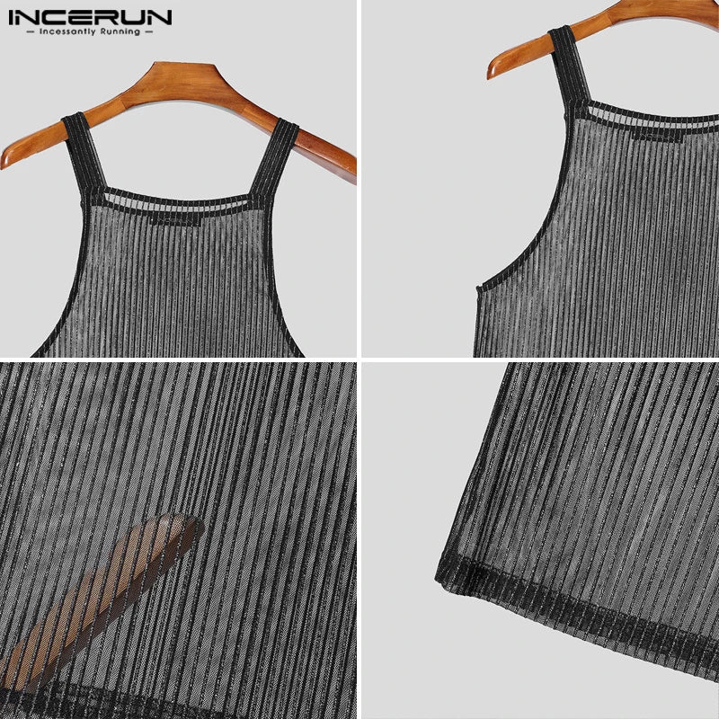 INCERUN Tops 2025 American Style Fashion Men Sparkling Fabric Stripe Perspective Mesh Vests Casual Clubwear Male Thin Tank Tops Festival Outfits | Techno Shirts | Rave Clothing