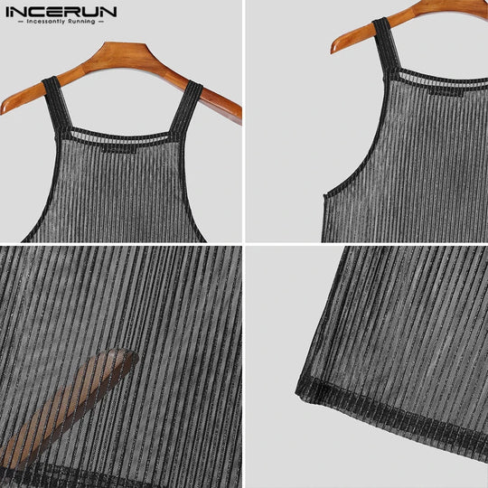INCERUN Tops 2025 American Style Fashion Men Sparkling Fabric Stripe Perspective Mesh Vests Casual Clubwear Male Thin Tank Tops Festival Outfits | Techno Shirts | Rave Clothing