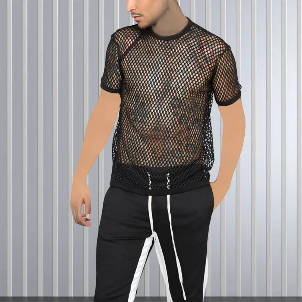 Men Top Clubwear Hollow Out Color Fishnet Block Round Neck Short Sleeves See-through Streetwear Loose Breathable Men Party T-shi Festival Outfits | Techno Shirts | Rave Clothing