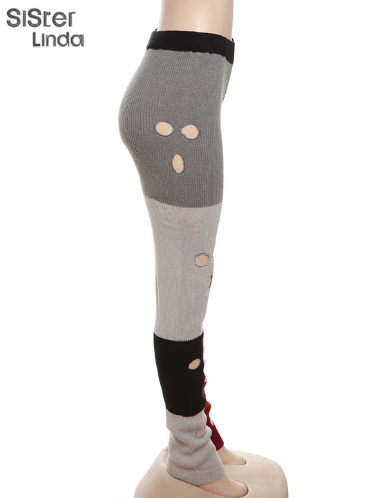 Sister linda gestrickte hipster chic y2k hohle hose frauen zerrissen elastische hohe taille lässige basi hose weibliche hosen streetwear FESTIVAL OUTFITS & STREETWEAR