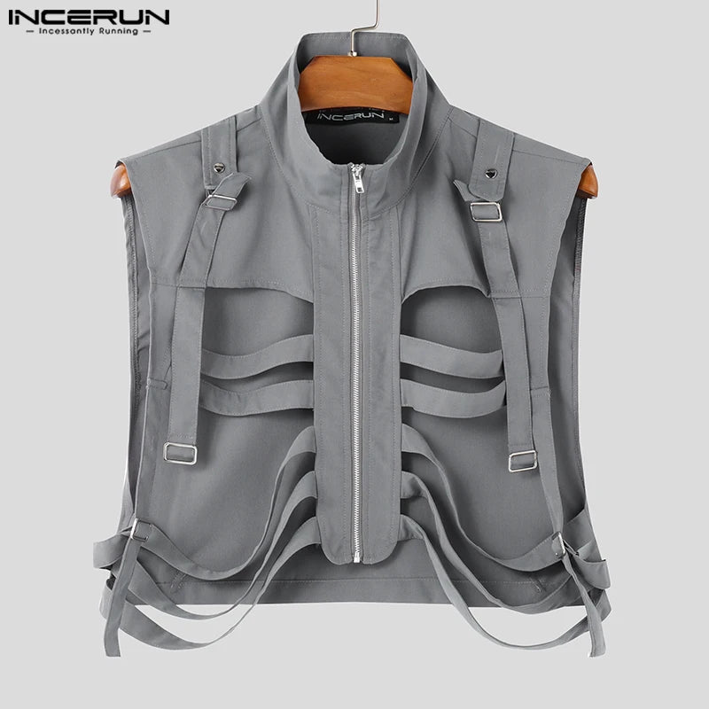 INCERUN 2024 Mens Tops Stylish Hot Sale Deconstruction Design Vests Sexy Male Personality Hollow Solid Cropped Zipper Waistcoats Festival Outfits | Techno Shirts | Rave Clothing