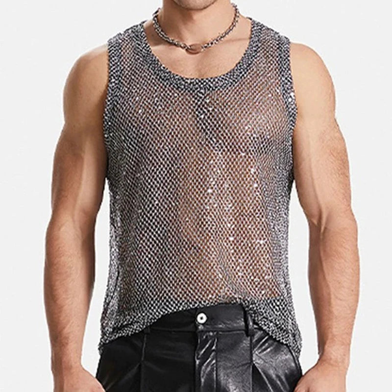 2024 Summer New Fashion Glitter Sequin Tank Tops Men Sexy Partywear Hollow Out Transparent Camisoles Mens Vintage Mesh Vest Top Festival Outfits | Techno Shirts | Rave Clothing