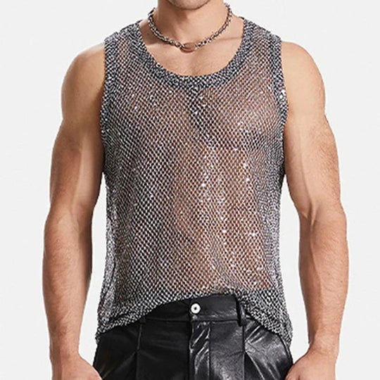 2024 Summer New Fashion Glitter Sequin Tank Tops Men Sexy Partywear Hollow Out Transparent Camisoles Mens Vintage Mesh Vest Top Festival Outfits | Techno Shirts | Rave Clothing