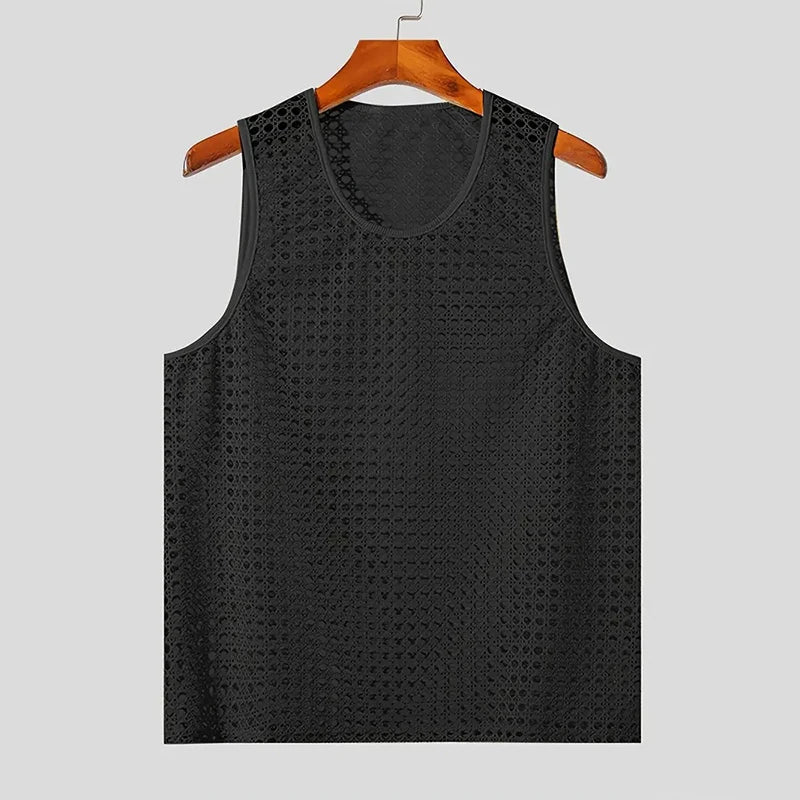 New American Style Fashion Men Tops Popular Vacation Hollow Out Mesh Vests Sexy Casual Sleeveless Tank Tops S-2XL 2025 Summer Festival Outfits | Techno Shirts | Rave Clothing