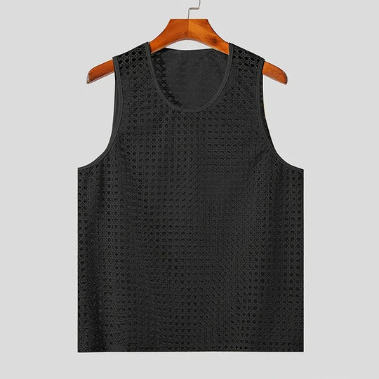 New American Style Fashion Men Tops Popular Vacation Hollow Out Mesh Vests Sexy Casual Sleeveless Tank Tops S-2XL 2025 Summer Festival Outfits | Techno Shirts | Rave Clothing