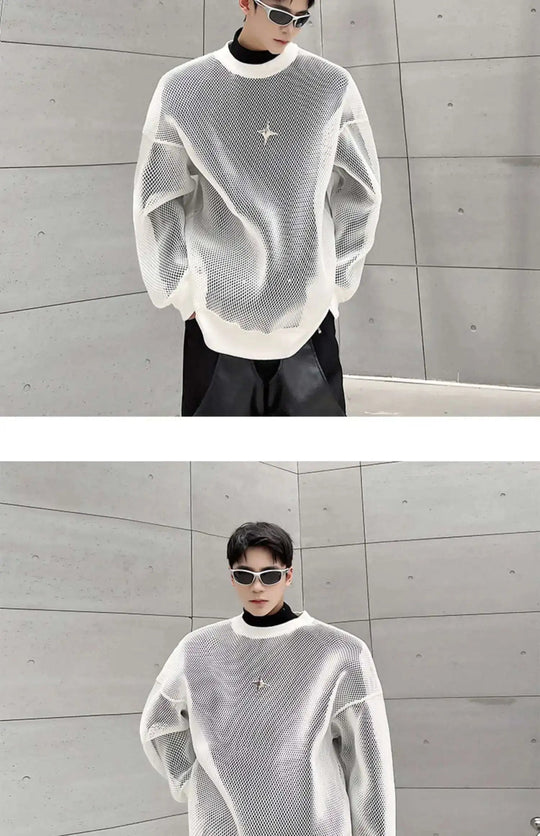 LUZHEN 2025 Frühling High Street Perspektive Original Mesh Design Pullover Herrenmode Metall Schnalle Schmücken Casual Tops LZ3027 Festival Outfits | Techno Shirts | Rave Clothing