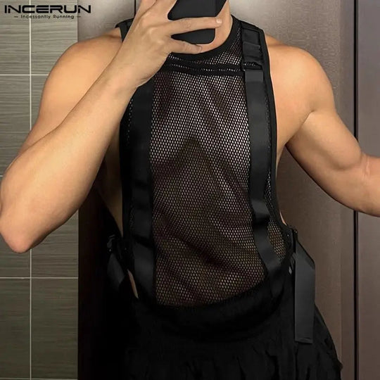 INCERUN Tops 2024 Korean Style Fashion Mens Mesh Hollow Buckle Vests Casual Sexy Male Thin Breathable Sleeveless Tank Tops S-5XL Festival Outfits | Techno Shirts | Rave Clothing