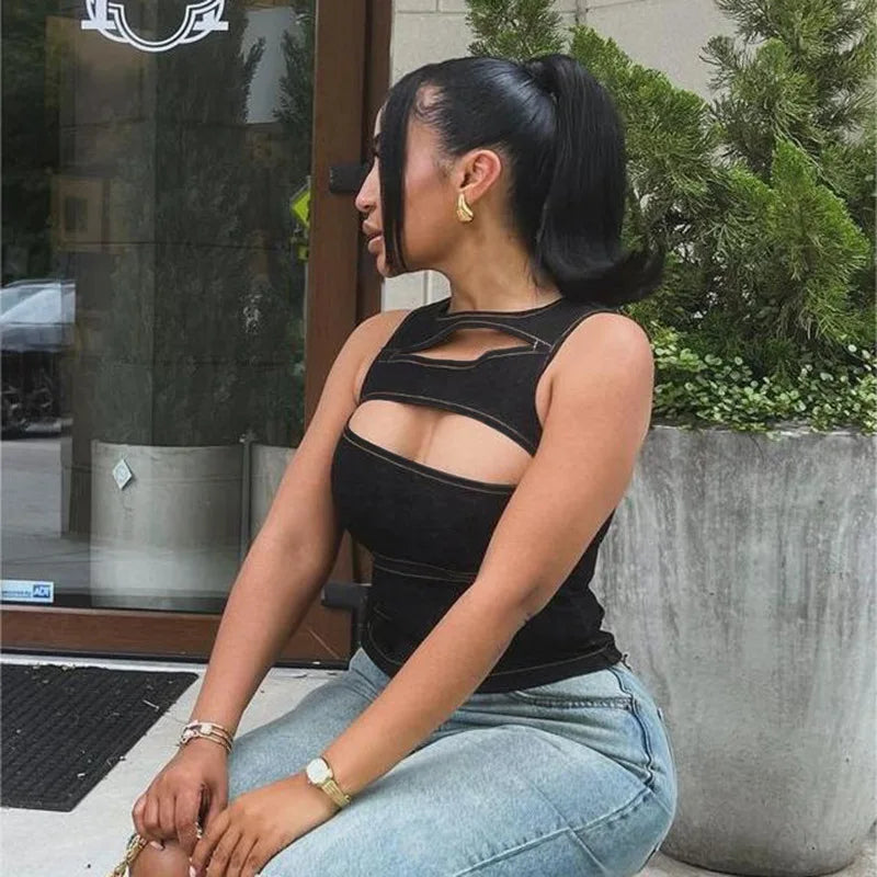 Talenza Damen-Weste, ärmellos, Rundhalsausschnitt, Sommer, einfarbig, hohl, schmale Weste, Top, modisch, sexy Streetwear, Damen, schmale Weste Festival Outfits | Techno Shirts | Rave Clothing