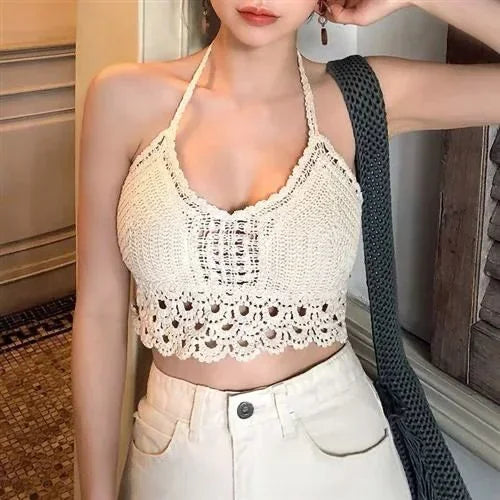 2025Crop Tops Retro Wild Hohl Perspektive Quaste Sexy Spaghetti Strap Tank Top Frauen Gebaut In Bh Neue Zurück Spitze Neckholder Festival Outfits | Techno Shirts | Rave Clothing