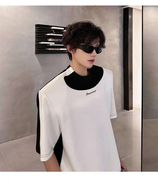 LUZHEN Original Personalisierte Farbe Kontrast Design Kurzarm T-shirts 2025, Sommer Hübsche Schulter Pad Casual Tops JY1473 Festival Outfits | Techno Shirts | Rave Clothing