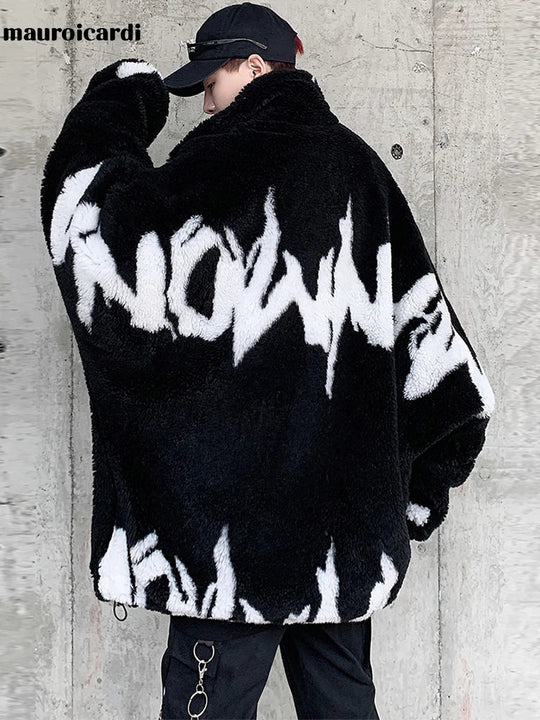 Mauroicardi Winter Übergroße Verdickte Warme Flauschige Kunstpelz Jacke Männer Raglan Langarm Zip Up Luxus Designer Kleidung 2022 Festival Outfits | Techno Shirts | Rave Clothing