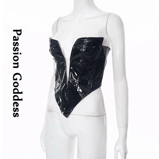 Sexy Frauen Shiny Gold Silber Bustier Crop Tops Helle PU Leder Krone Gürtel Abnehmen Taille Liebsten Low-cut Korsett top Sommer Festival Outfits | Techno Shirts | Rave Clothing