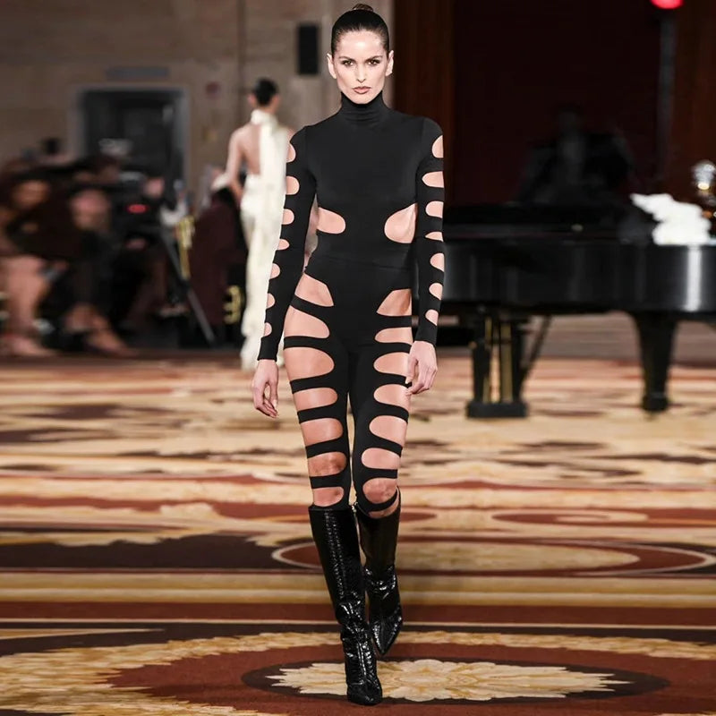 2024 neuer Stil hohler sexy Langarm-Overall asymmetrischer Hot-Girl-Persönlichkeitsanzug Festival Outfits | Techno Shirts | Rave Clothing