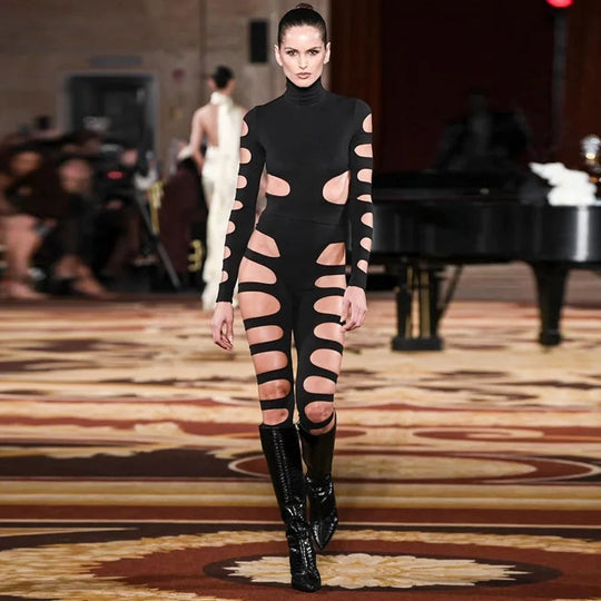 2024 neuer Stil hohler sexy Langarm-Overall asymmetrischer Hot-Girl-Persönlichkeitsanzug Festival Outfits | Techno Shirts | Rave Clothing