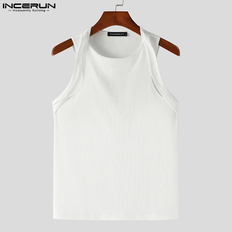 Incerun Tops 2024 koreanischen Stil Männer Schulter gurt Design sexy elastische Westen lässig gut sitzende solide ärmellose Weste S-5XL Festival Outfits | Techno Shirts | Rave Clothing