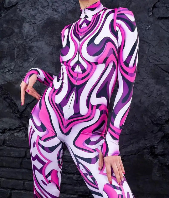 Colorful 3D Printing Women Holiday Party Cyber Punk Rainbow Jumpsuit Onesie Halloween Cosplay Costume Elastic Bodysuit Romper Festival Outfits | Techno Shirts | Rave Clothing