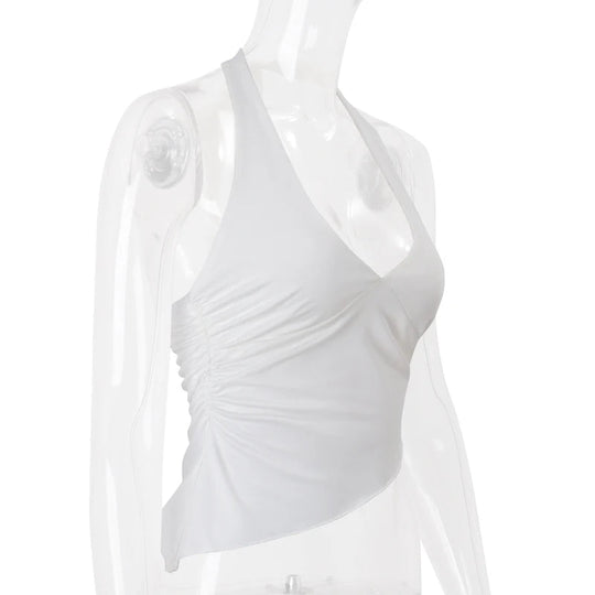 WhereMery Casual Solide Frauen Halter Crop Top Y2K Elegante V-ausschnitt Ärmellose Falten Sommer Tees Formale Streetwear Sportliche Weibliche Weste Festival Outfits | Techno Shirts | Rave Clothing