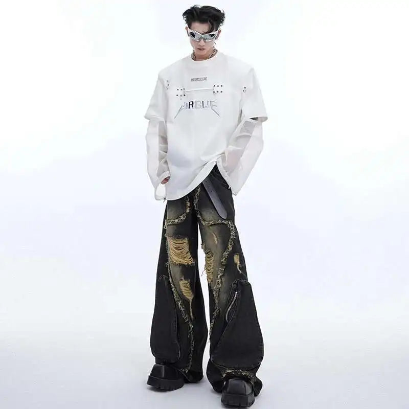 LUZHEN Mode Neue Original Gaze Spleißen Design Langarm T Shirts männer 2025, Trendy Nische Hohe Qualität Casual Tops LZ3975 Festival Outfits | Techno Shirts | Rave Clothing