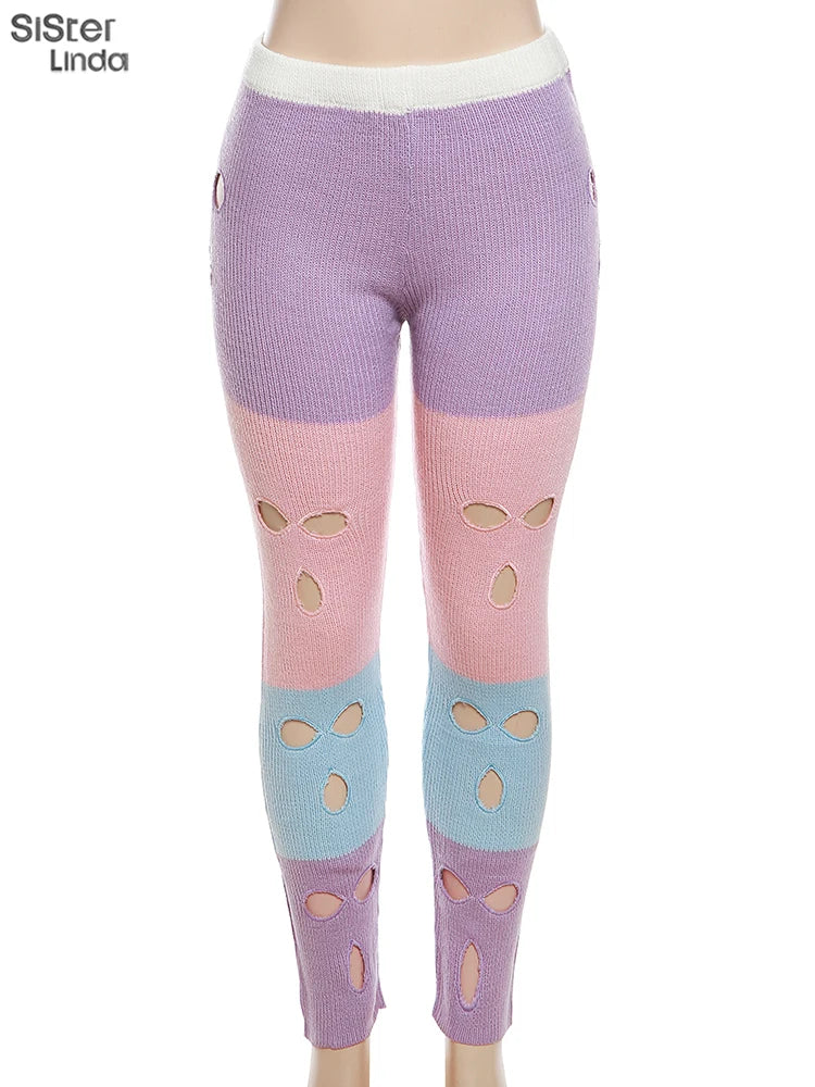 Sister linda gestrickte hipster chic y2k hohle hose frauen zerrissen elastische hohe taille lässige basi hose weibliche hosen streetwear FESTIVAL OUTFITS & STREETWEAR