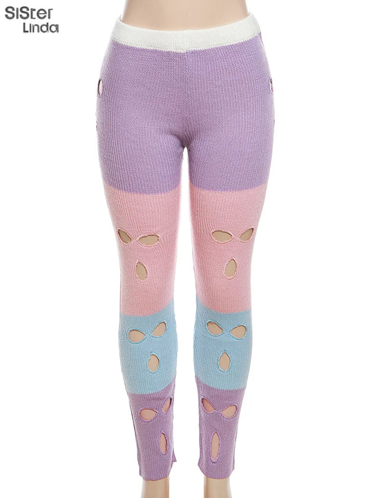 Sister linda gestrickte hipster chic y2k hohle hose frauen zerrissen elastische hohe taille lässige basi hose weibliche hosen streetwear FESTIVAL OUTFITS & STREETWEAR