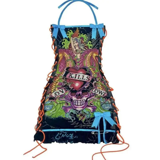 Totenkopf bedruckte Gothic-Minikleider für Damen, Schnürung, Neckholder, sexy Kleider, Slash-Ausschnitt, Y2k-Partykleider, A-Linie, figurbetontes Kleid für Damen Festival Outfits | Techno Shirts | Rave Clothing
