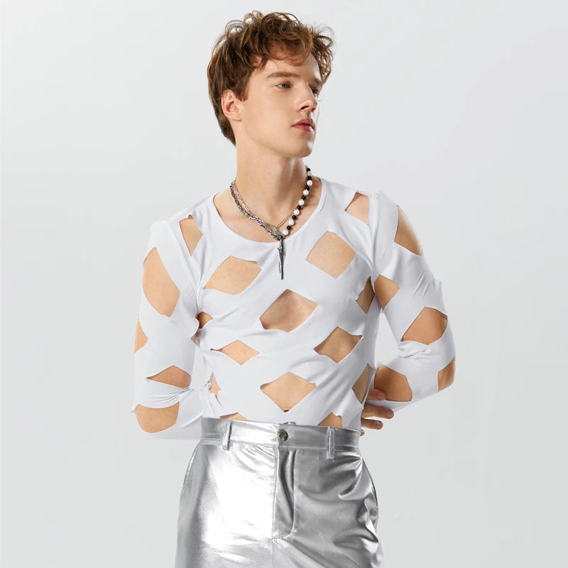 INCERUN Men Bodysuits Solid Color Hollow Out Sexy O-neck Long Sleeve Men T Shirts Rompers Streetwear 2024 Fashion Bodysuit S-3XL Festival Outfits | Techno Shirts | Rave Clothing