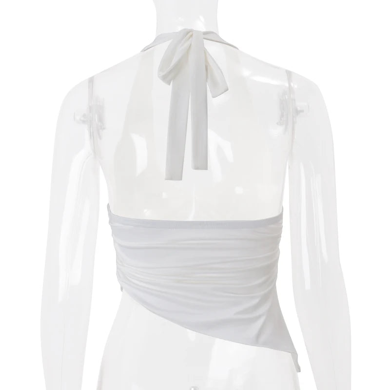 WhereMery Casual Solide Frauen Halter Crop Top Y2K Elegante V-ausschnitt Ärmellose Falten Sommer Tees Formale Streetwear Sportliche Weibliche Weste Festival Outfits | Techno Shirts | Rave Clothing