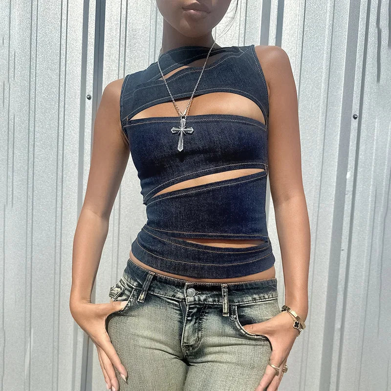 Talenza Damen-Weste, ärmellos, Rundhalsausschnitt, Sommer, einfarbig, hohl, schmale Weste, Top, modisch, sexy Streetwear, Damen, schmale Weste Festival Outfits | Techno Shirts | Rave Clothing