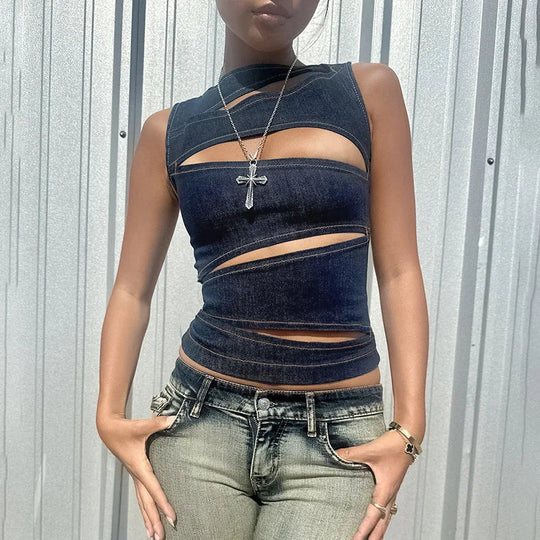 Talenza Damen-Weste, ärmellos, Rundhalsausschnitt, Sommer, einfarbig, hohl, schmale Weste, Top, modisch, sexy Streetwear, Damen, schmale Weste Festival Outfits | Techno Shirts | Rave Clothing