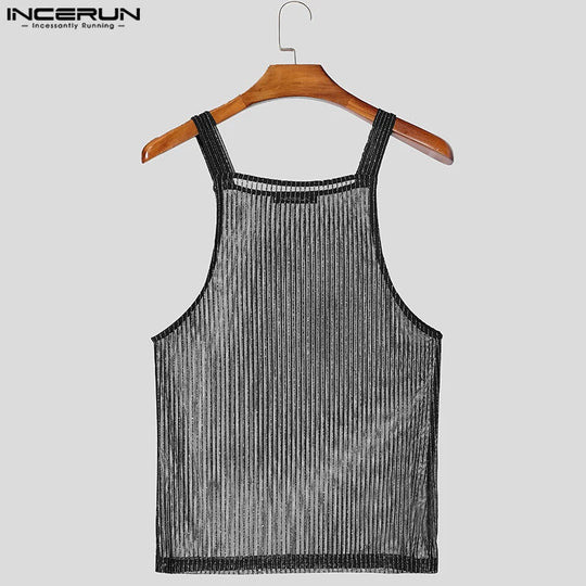 INCERUN Tops 2025 American Style Fashion Men Sparkling Fabric Stripe Perspective Mesh Vests Casual Clubwear Male Thin Tank Tops Festival Outfits | Techno Shirts | Rave Clothing