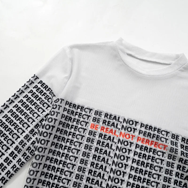 Shestyle Brief Gedruckt Mesh Transparent Bodystui Frauen Getäfelten Zeitung Langarm Rundhals T-Shirts Tanga Schöne Heiße Festival Outfits | Techno Shirts | Rave Clothing