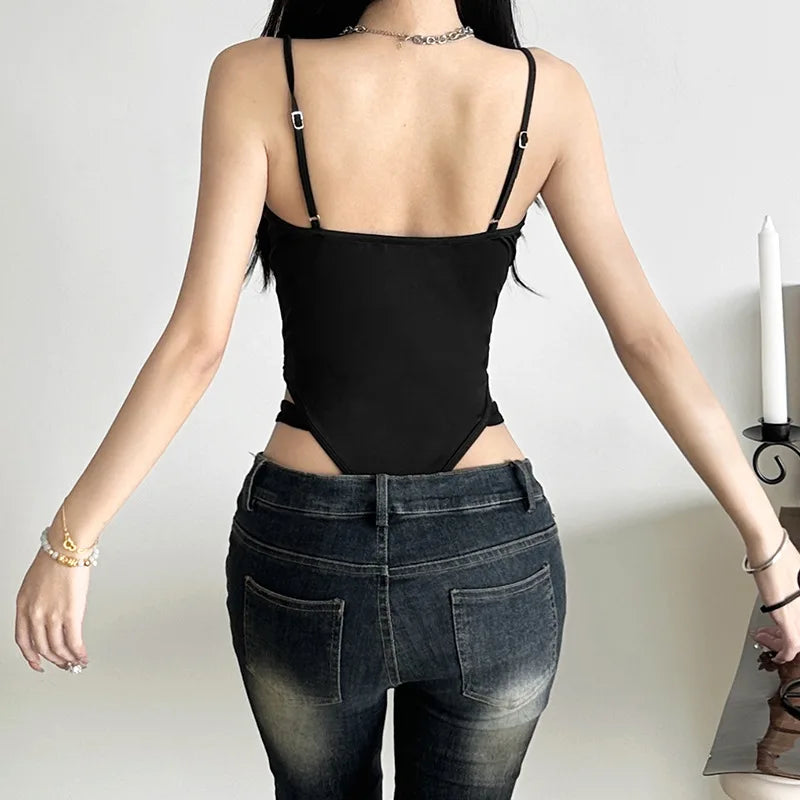 Schwarze Bandage aushöhlen Sexy Cyber Y2k Bodys Gothic Techwear Mesh Patchwork Tops weibliche Handschuh Ärmel Mock Neck Bodysuit Festival Outfits | Techno Shirts | Rave Clothing