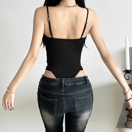 Schwarze Bandage aushöhlen Sexy Cyber Y2k Bodys Gothic Techwear Mesh Patchwork Tops weibliche Handschuh Ärmel Mock Neck Bodysuit Festival Outfits | Techno Shirts | Rave Clothing