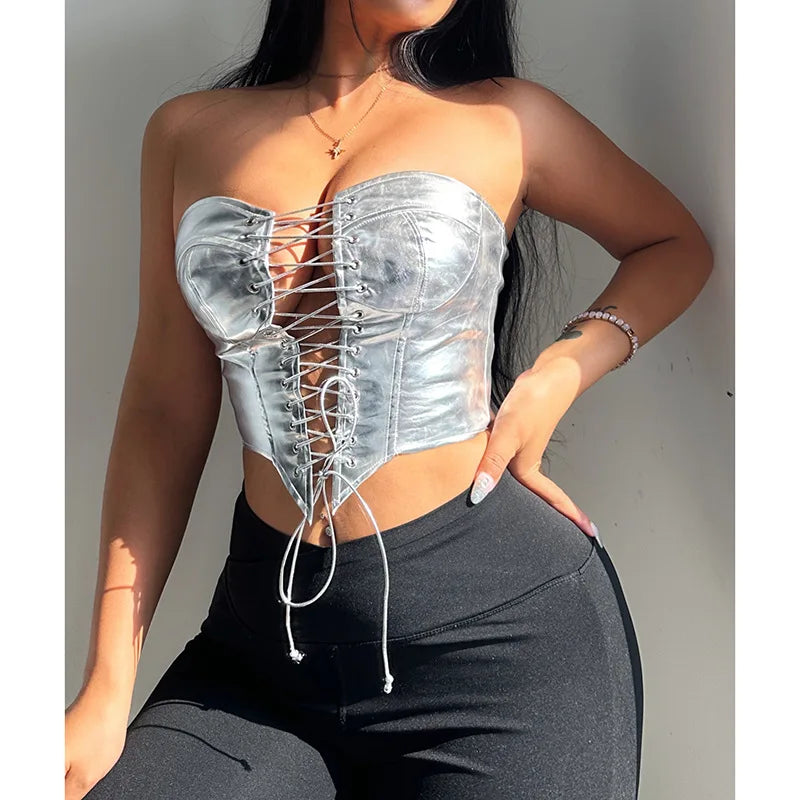 Sexy Frauen Shiny Gold Silber Bustier Crop Tops Helle PU Leder Krone Gürtel Abnehmen Taille Liebsten Low-cut Korsett top Sommer Festival Outfits | Techno Shirts | Rave Clothing