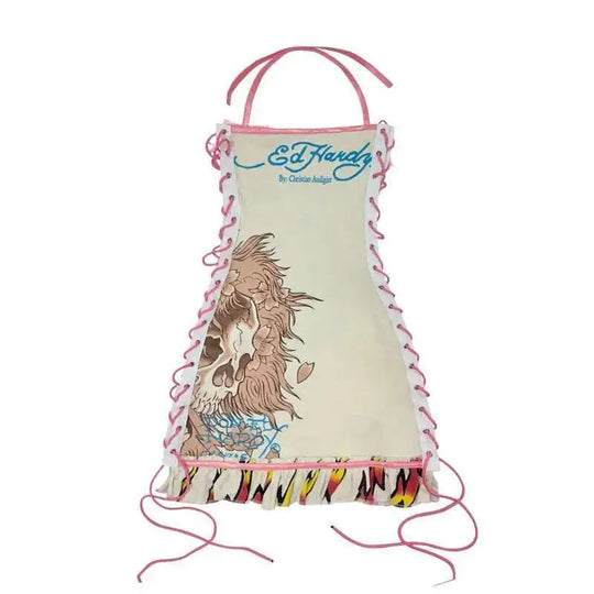 Totenkopf bedruckte Gothic-Minikleider für Damen, Schnürung, Neckholder, sexy Kleider, Slash-Ausschnitt, Y2k-Partykleider, A-Linie, figurbetontes Kleid für Damen Festival Outfits | Techno Shirts | Rave Clothing