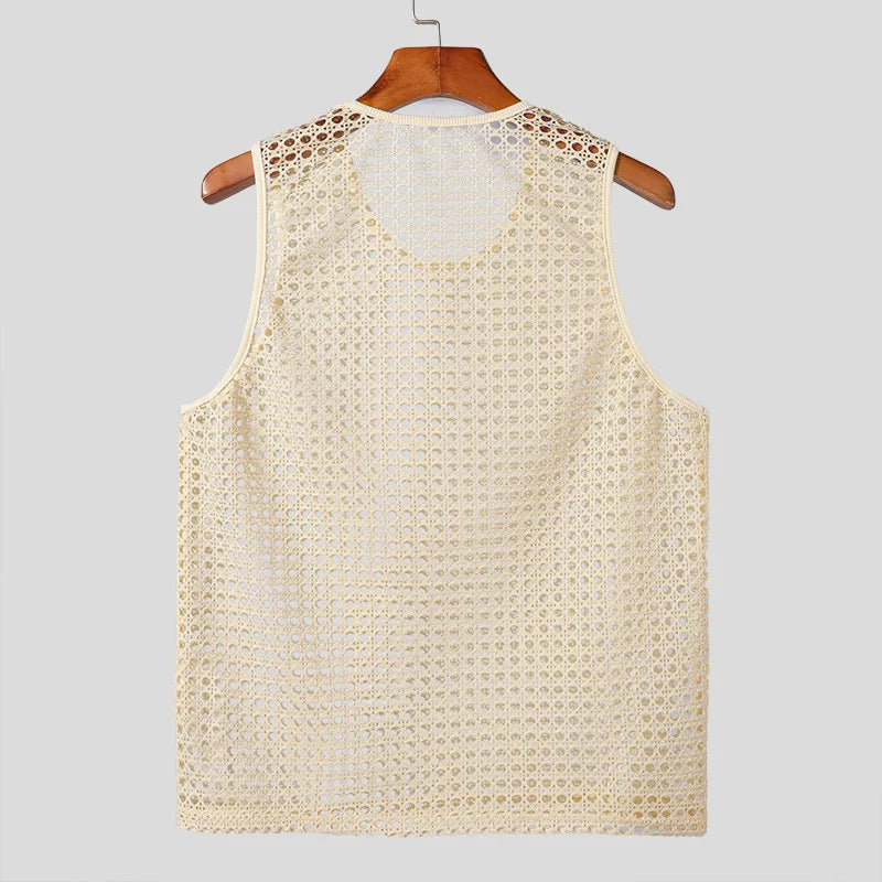 New American Style Fashion Men Tops Popular Vacation Hollow Out Mesh Vests Sexy Casual Sleeveless Tank Tops S-2XL 2025 Summer Festival Outfits | Techno Shirts | Rave Clothing