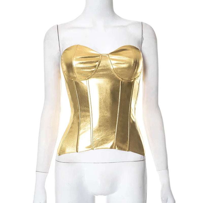 Sexy Frauen Shiny Gold Silber Bustier Crop Tops Helle PU Leder Krone Gürtel Abnehmen Taille Liebsten Low-cut Korsett top Sommer Festival Outfits | Techno Shirts | Rave Clothing