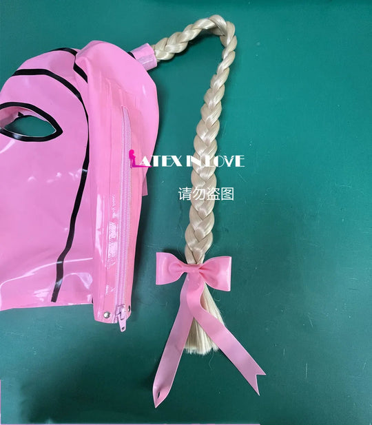 Pink Latex Fetish Hood Mask with Braided Hair Blond Ponytail Festival Outfits | Techno Shirts | Rave Clothing