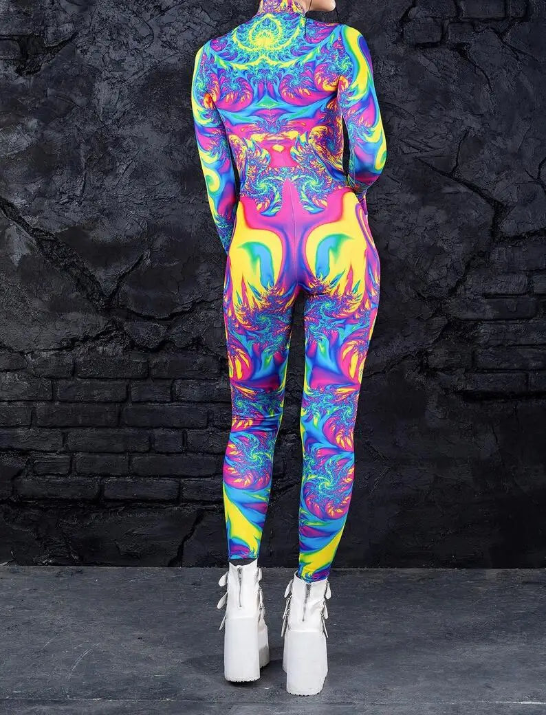 Colorful 3D Printing Women Holiday Party Cyber Punk Rainbow Jumpsuit Onesie Halloween Cosplay Costume Elastic Bodysuit Romper Festival Outfits | Techno Shirts | Rave Clothing
