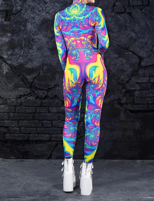 Colorful 3D Printing Women Holiday Party Cyber Punk Rainbow Jumpsuit Onesie Halloween Cosplay Costume Elastic Bodysuit Romper Festival Outfits | Techno Shirts | Rave Clothing
